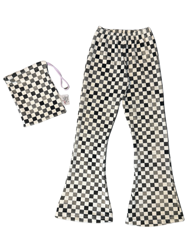 Girl Black Checkmate Velvet Bell Bottoms Leggings