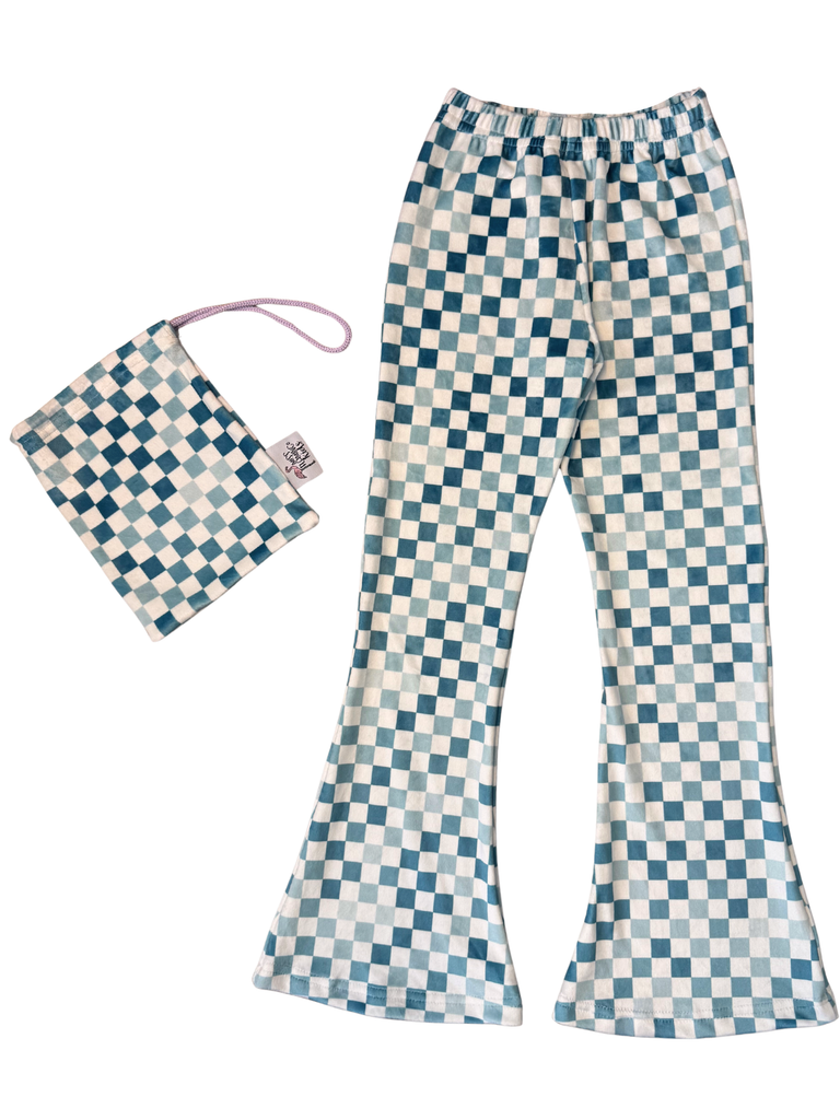 Girl Blue Checkmate Velvet Bell Bottoms Leggings