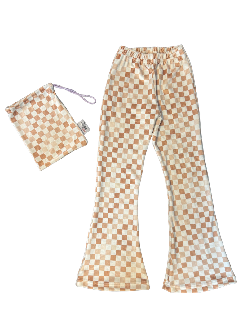 Girl Creme Brown Checkmate Velvet Bell Bottoms Leggings