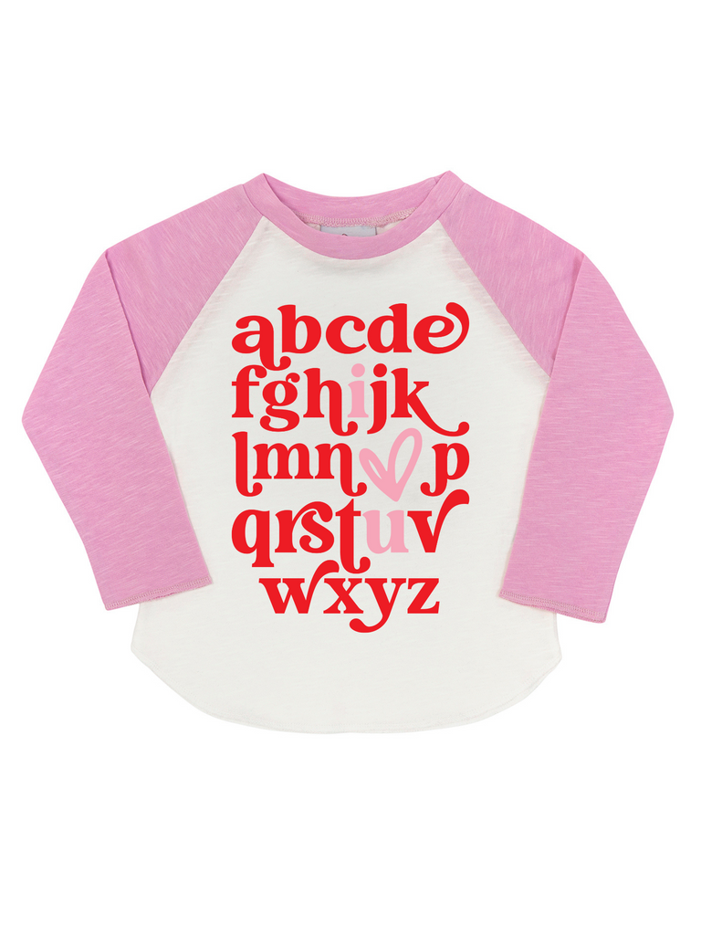 Girl Pink Valentine Alphabet I Love You Raglan T-shirt