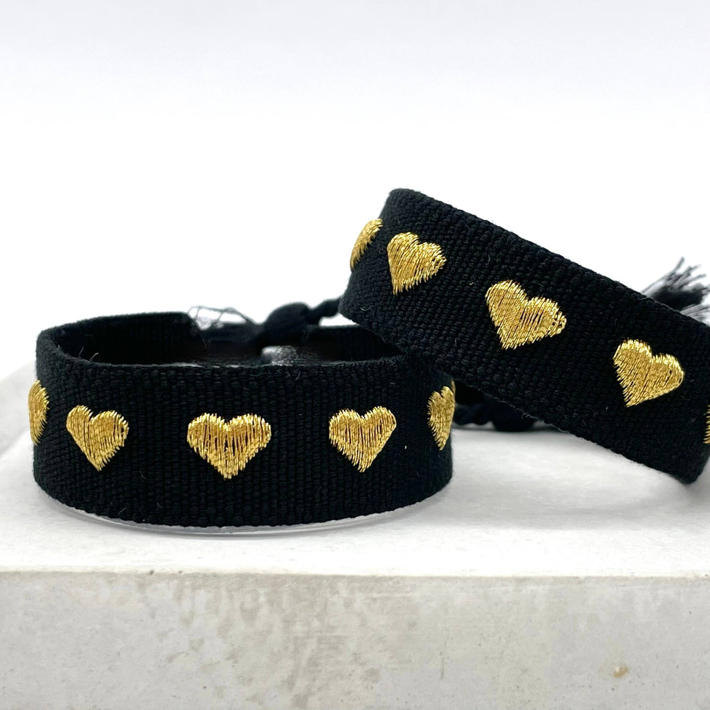 Hearts woven statement bracelet, hearts black gold