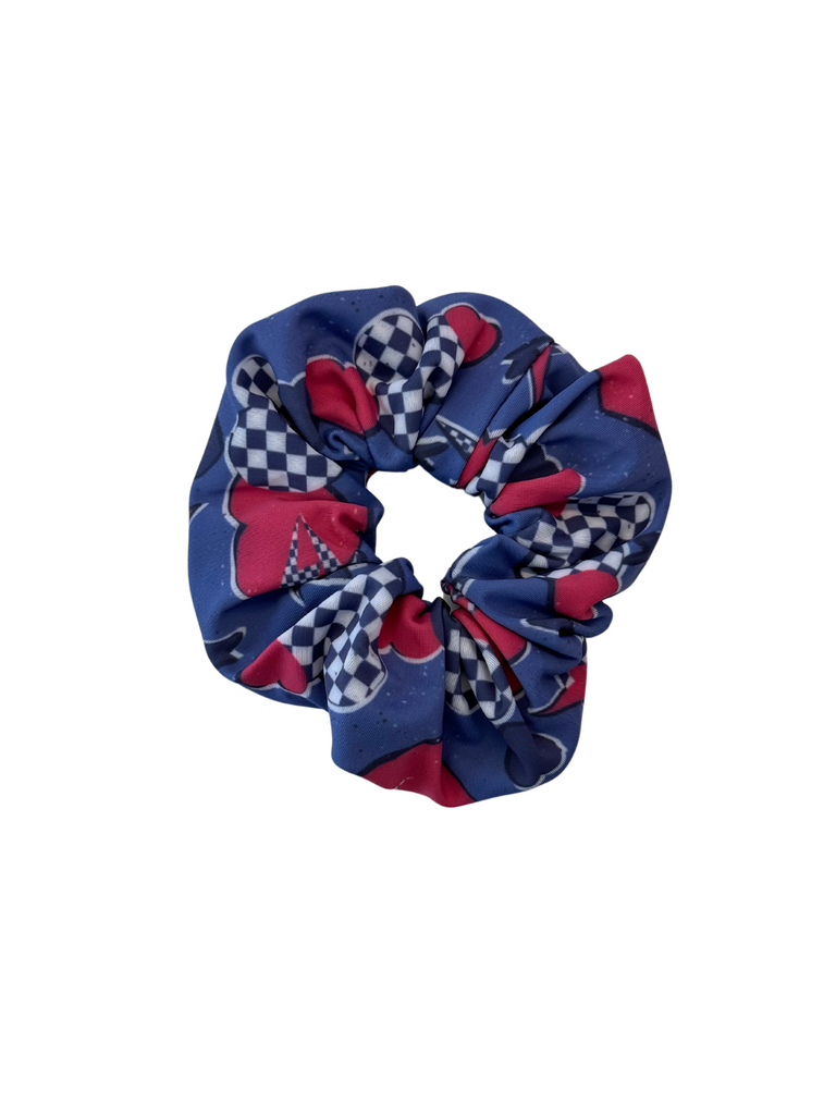 Blue Retro Checker Heart Scrunchie