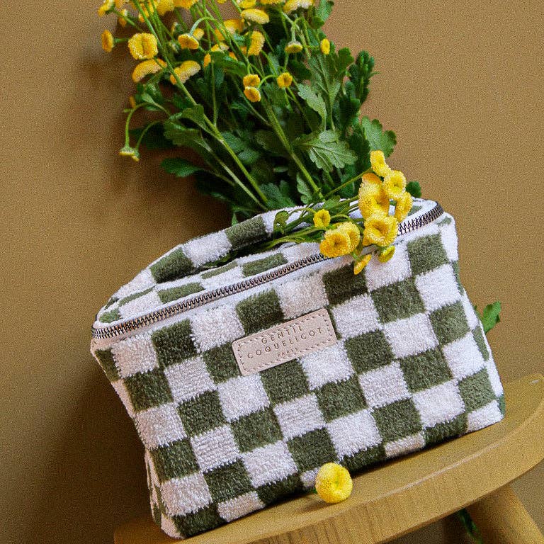 Terry-cloth Khaki Checkered Vanity Case