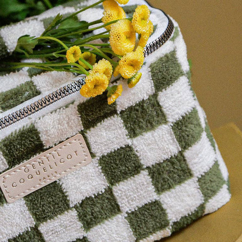 Terry-cloth Khaki Checkered Vanity Case