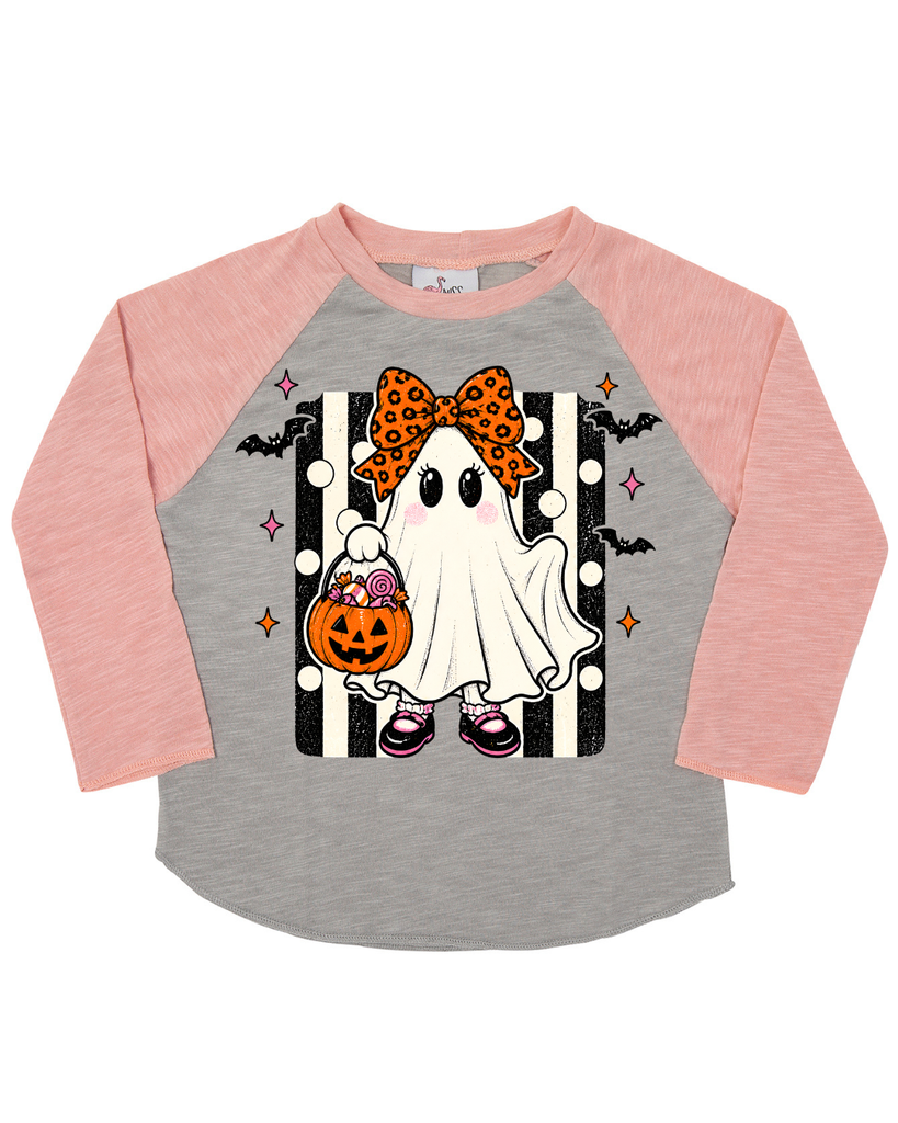 Girl Halloween Ghost Raglan T-Shirt – Pink & Grey