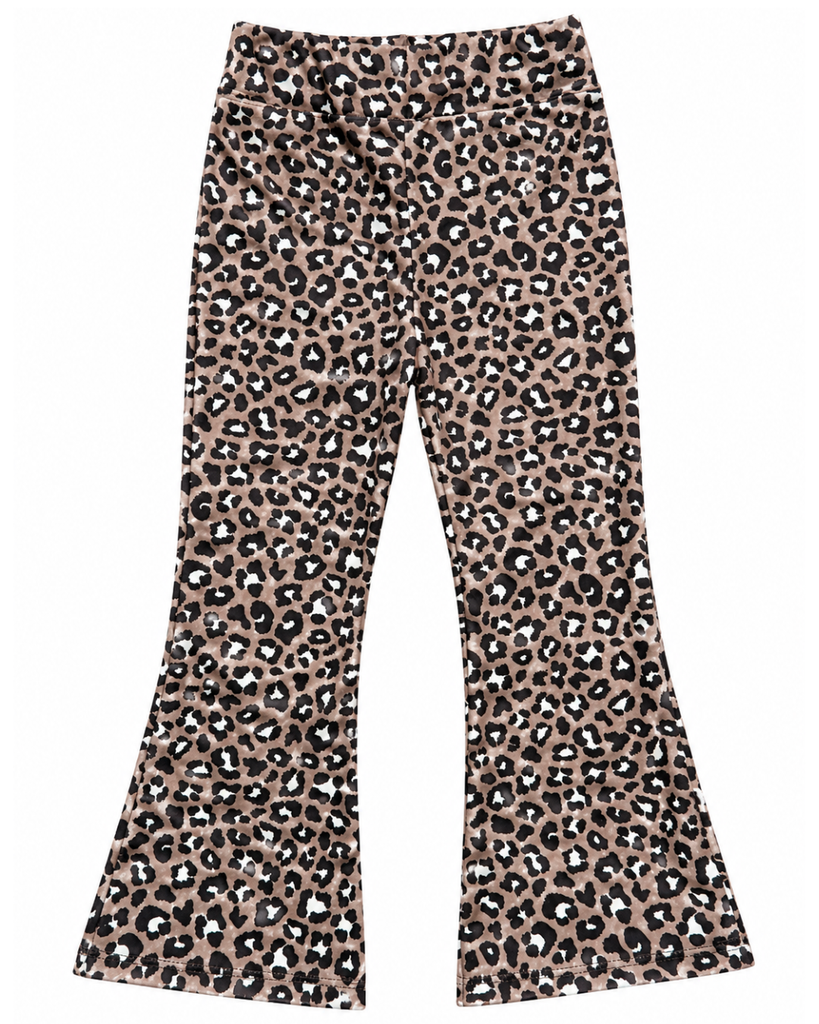 Girl Mocha Leopard Velvet Bell Bottoms Leggings