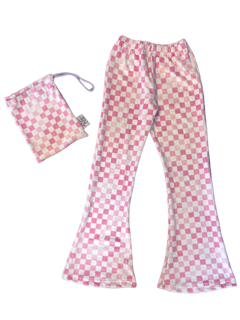Girl Pink Checkmate Velvet Bell Bottoms Leggings