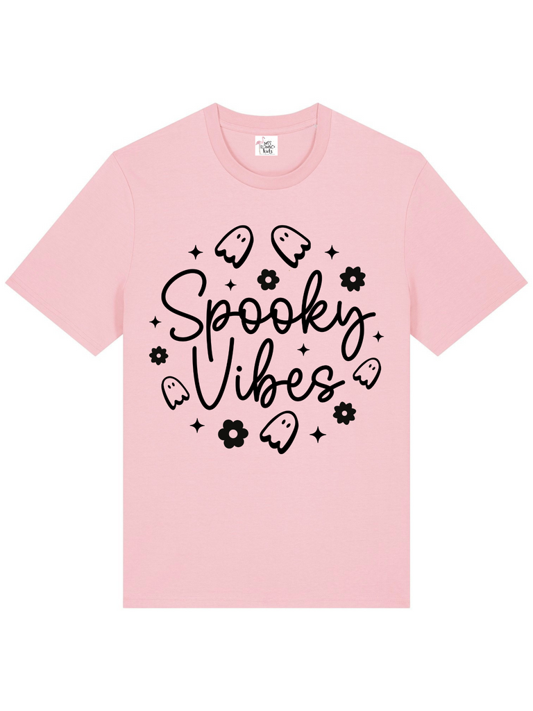 Girl Spooky Vibes Halloween T-Shirt – White & Pink Short Sleeve