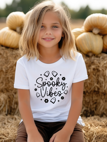 Girl Spooky Vibes Halloween T-Shirt – White & Pink Short Sleeve