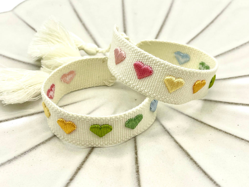 Girl Hearts Woven Statement Bracelet, Colorful Gradient Hearts