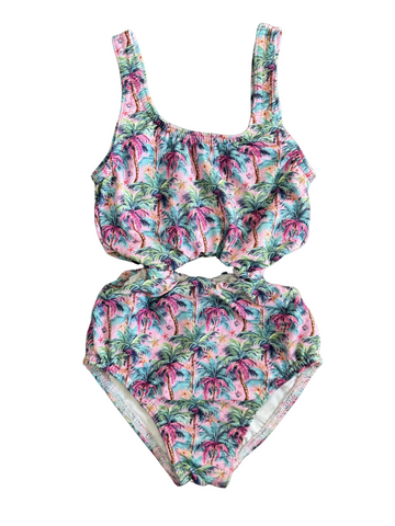 Girl Pink Capri One Piece Cut Out Swimsuit