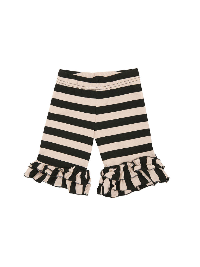 Girl Black and Creme Ruffle Stripes Cotton Shorts