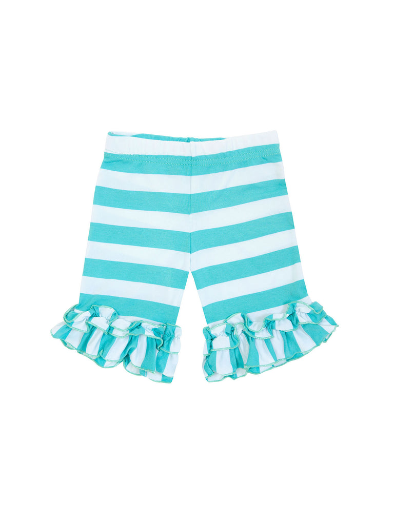 Girl Aqua and White Ruffle Stripes Cotton Shorts