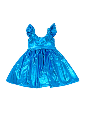Κορίτσι μπλε λαμέ μεταλλικό φόρεμα