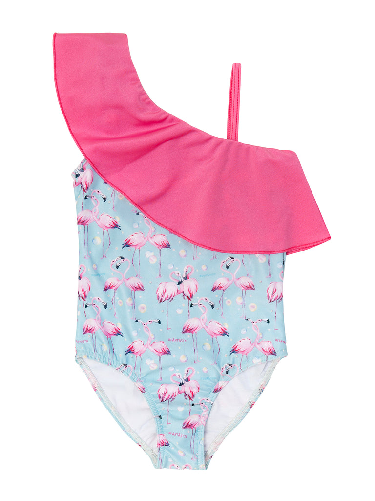 Girl Blue Flamingo Ruffle Swimsuit