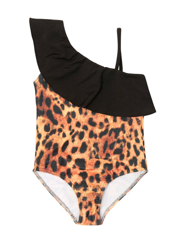 Girl Black Leopard Ruffle Swimsuit