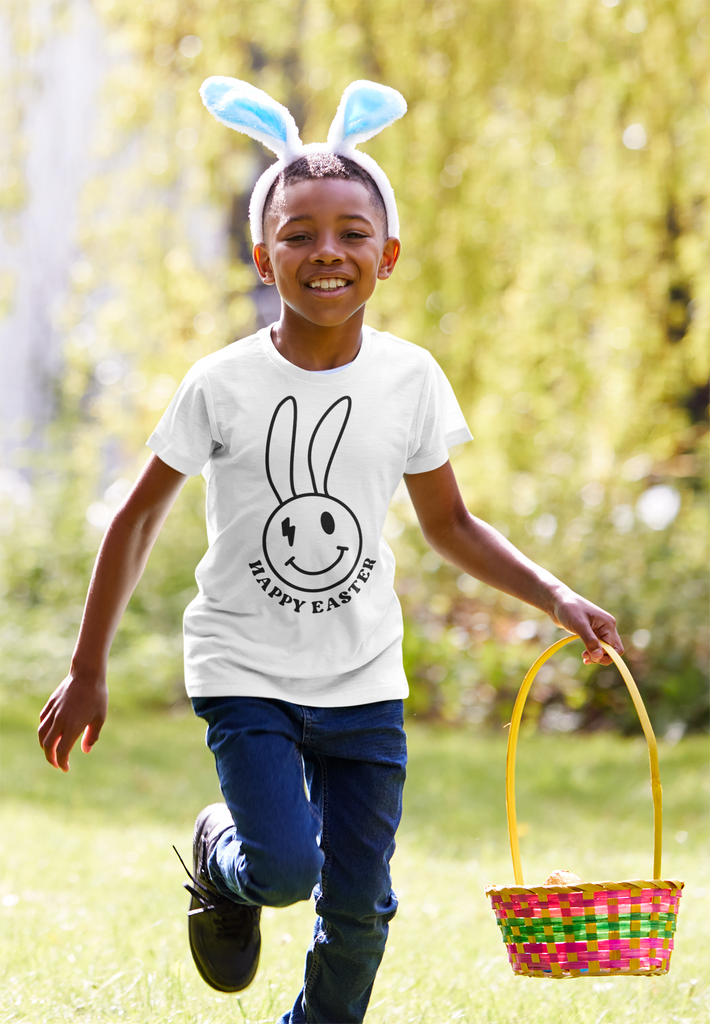 Boy White Happy Easter Smiley Bunny Shirt